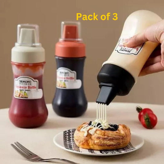 🧴 3pcs Squeeze Ketchup Bottles 🍅 | Portable Sauce Dispensers with 5-Hole Lids