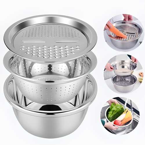 🥗 3 in 1 Multifunctional Grater Basin Set – Stainless Steel Colander + Strainer + Grater 🍅🔪
